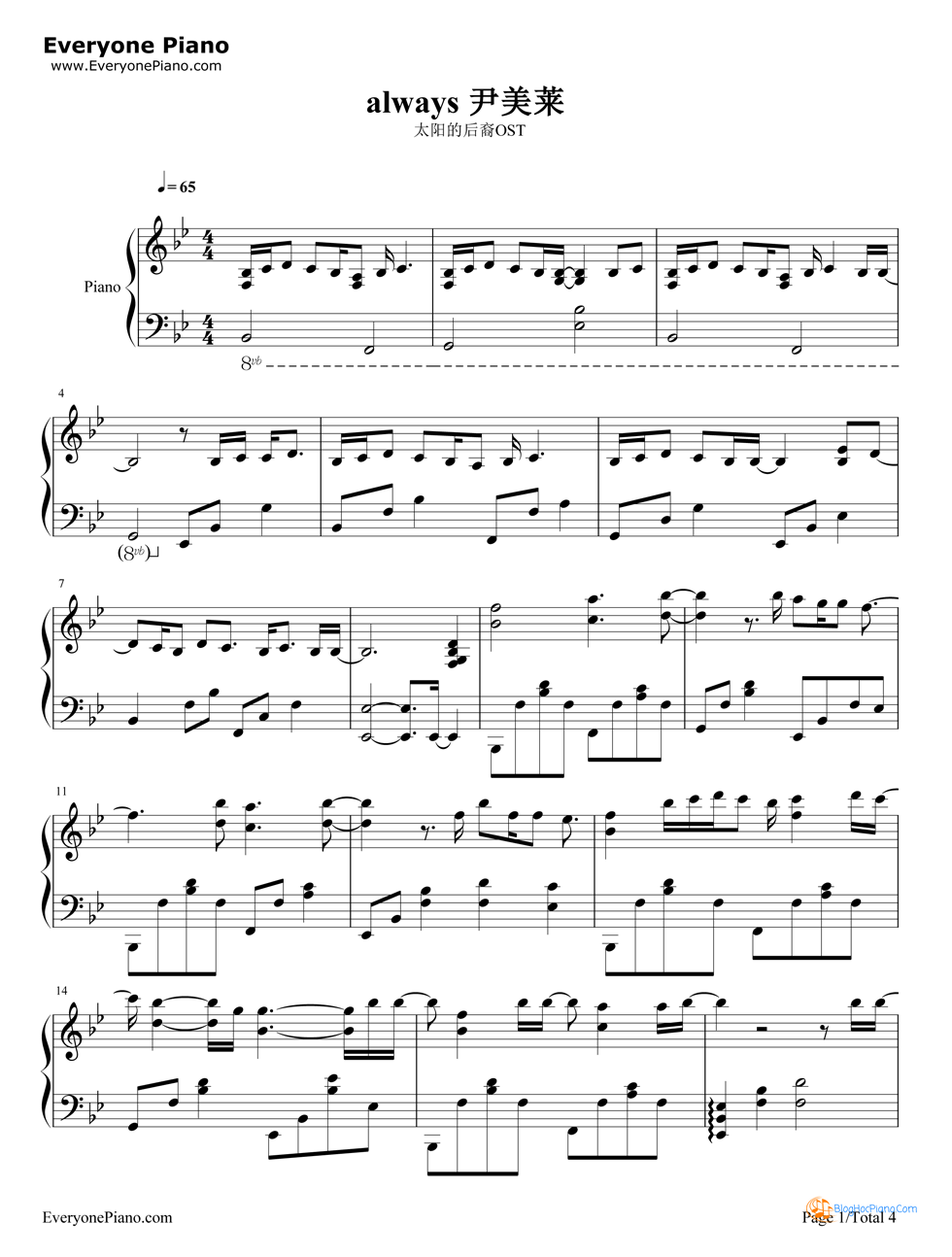 Always piano sheet descendants of the sun – Sheet nhạc phim Hậu duệ mặt trời