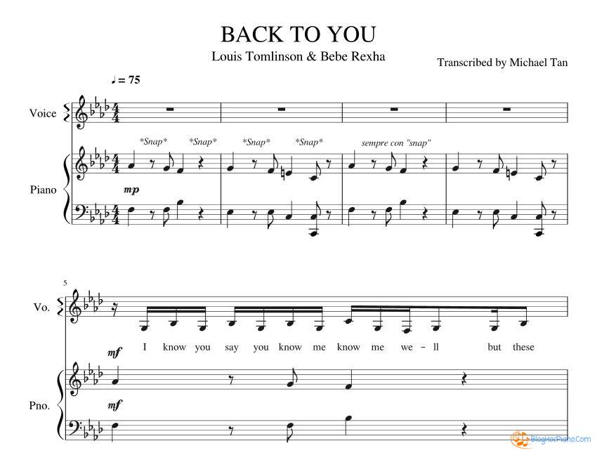 Back to You Piano Sheets – Louis Tomlinson & Bebe Rexha