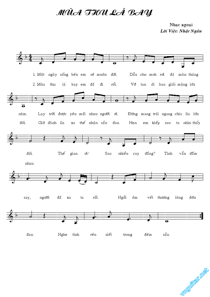 Sheet nhạc bài Mùa thu lá bay (Thiên ngôn vạn ngữ – 千言万语)