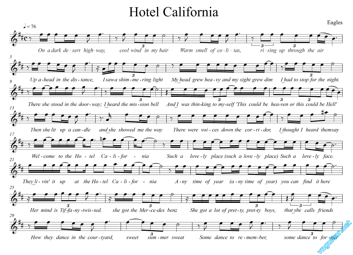 Sheet nhạc bài Hotel California