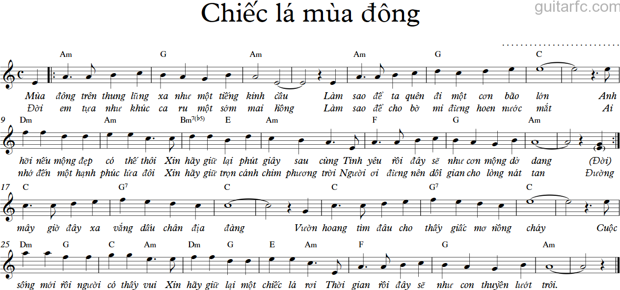 Sheet nhạc bài Chiếc lá mùa đông (Lưới tình – 情网)