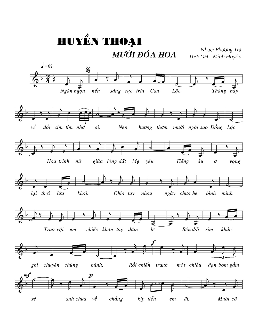 Sheet nhạc bài Huyền thoại mười đóa hoa