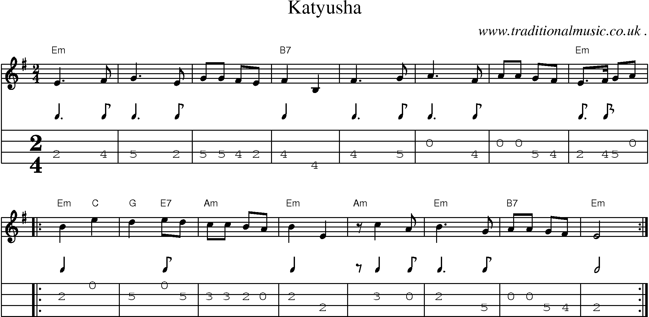 Sheet nhạc bài Katyusha (Tình ca Cachiusa)