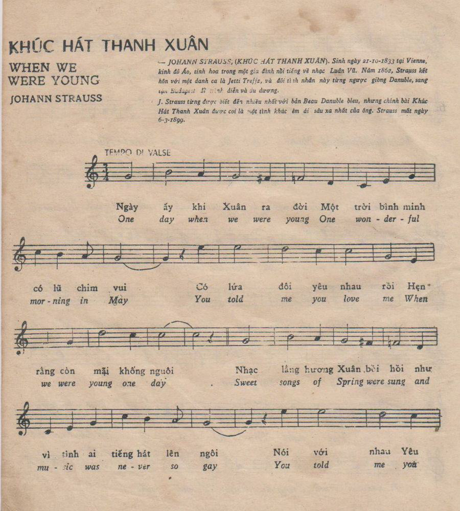 Sheet nhạc bài Khúc hát thanh xuân (When we were young)