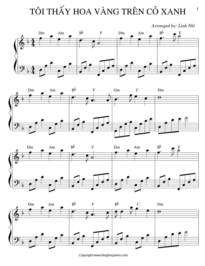 Sheet Piano Tôi thấy hoa vàng trên cỏ xanh Nhạc sĩ Châu Đăng Khoa