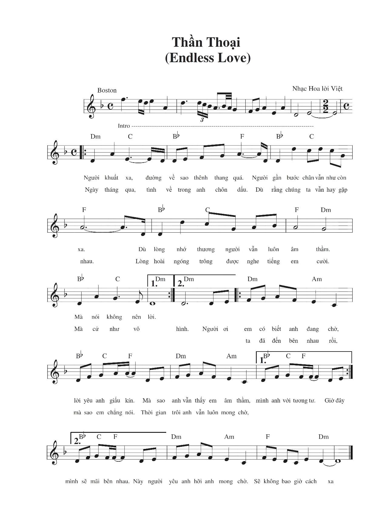 Sheet nhạc bài Thần thoại (Endless love – 美丽的神话)