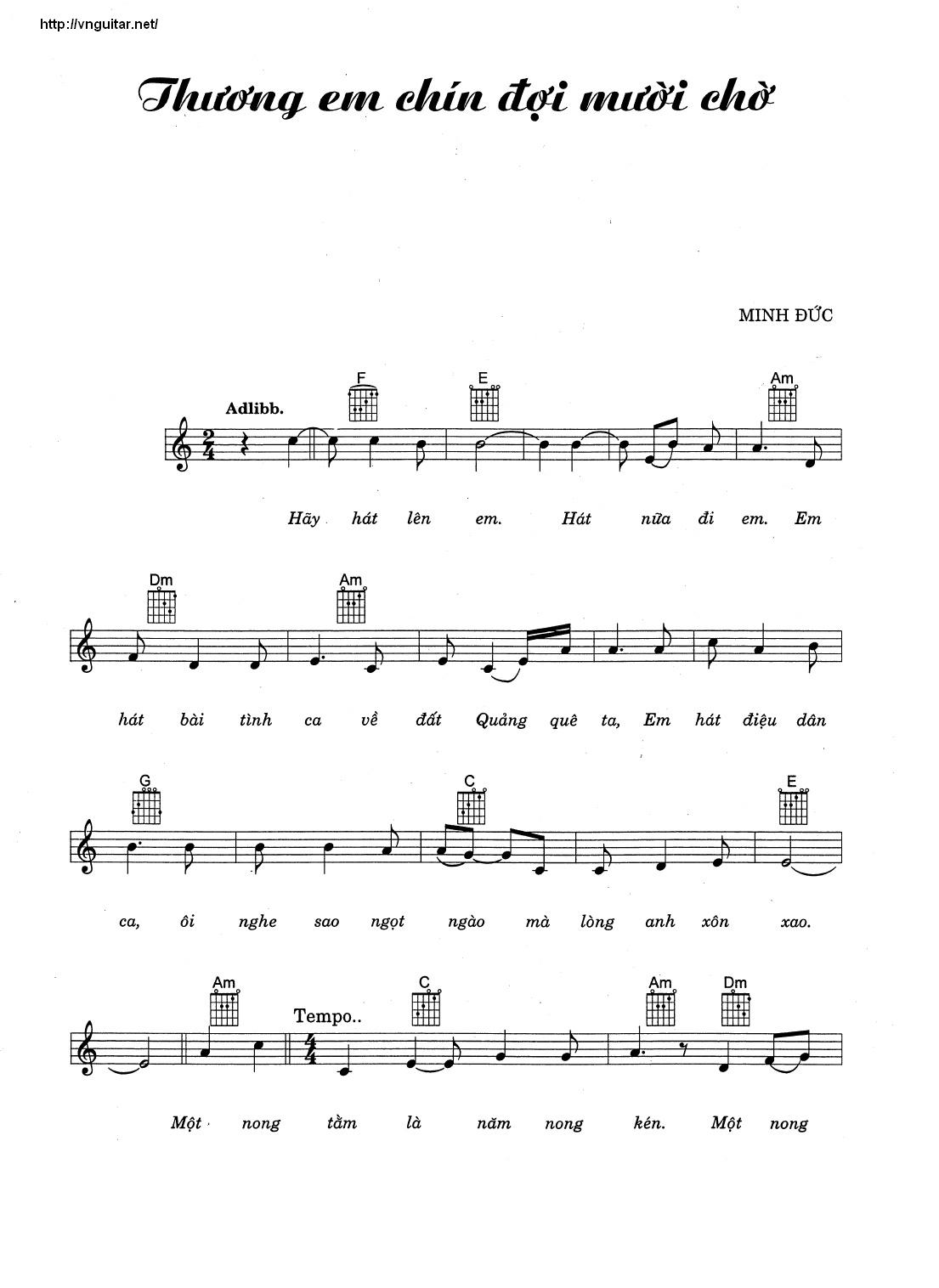 Sheet nhạc bài Thương em chín đợi mười chờ