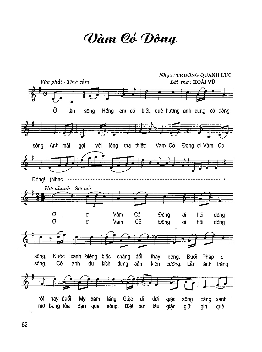 Sheet nhạc bài Vàm Cỏ Đông