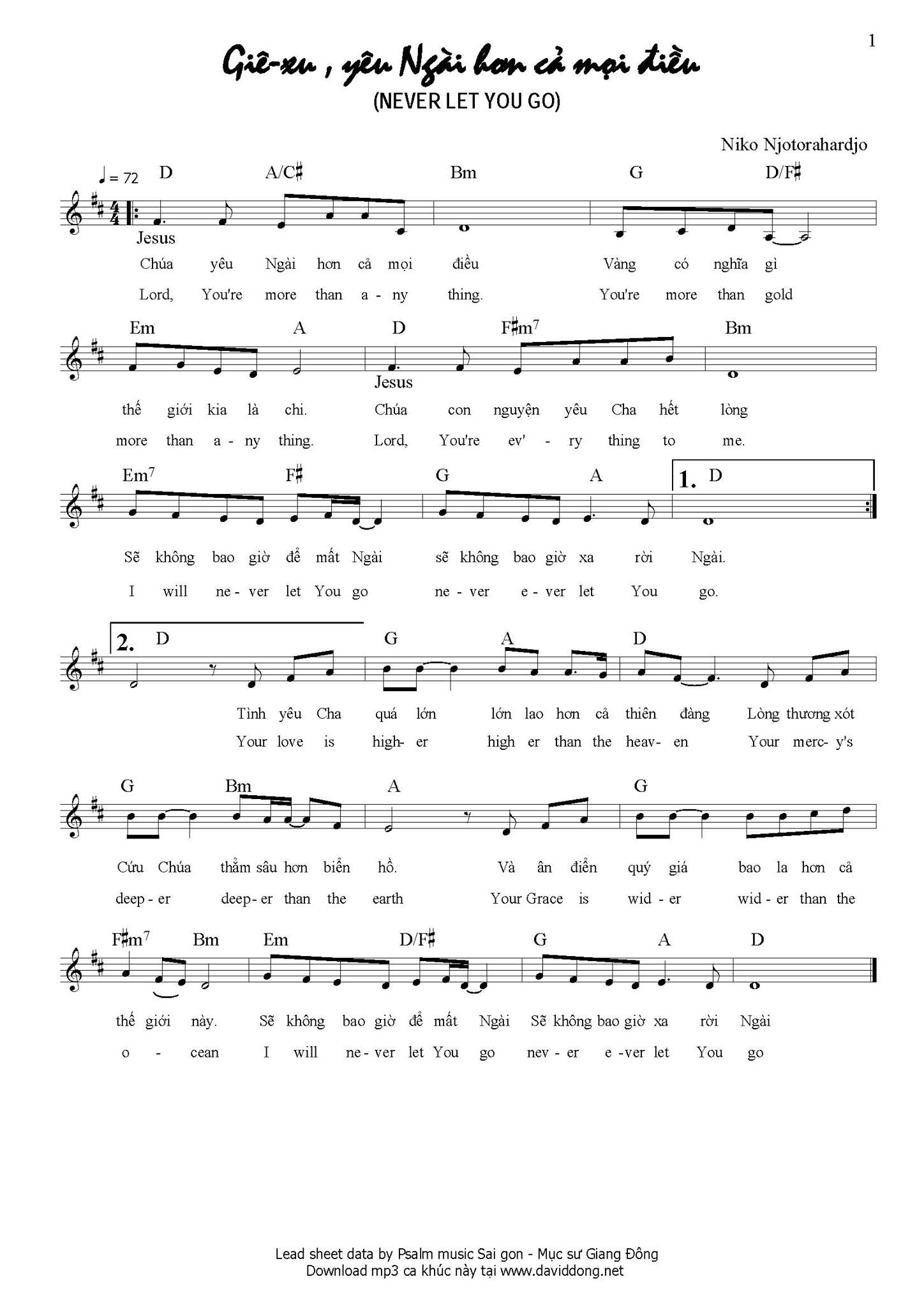 Sheet nhạc bài Giê-xu yêu Ngài hơn cả mọi điều (Never let you go)