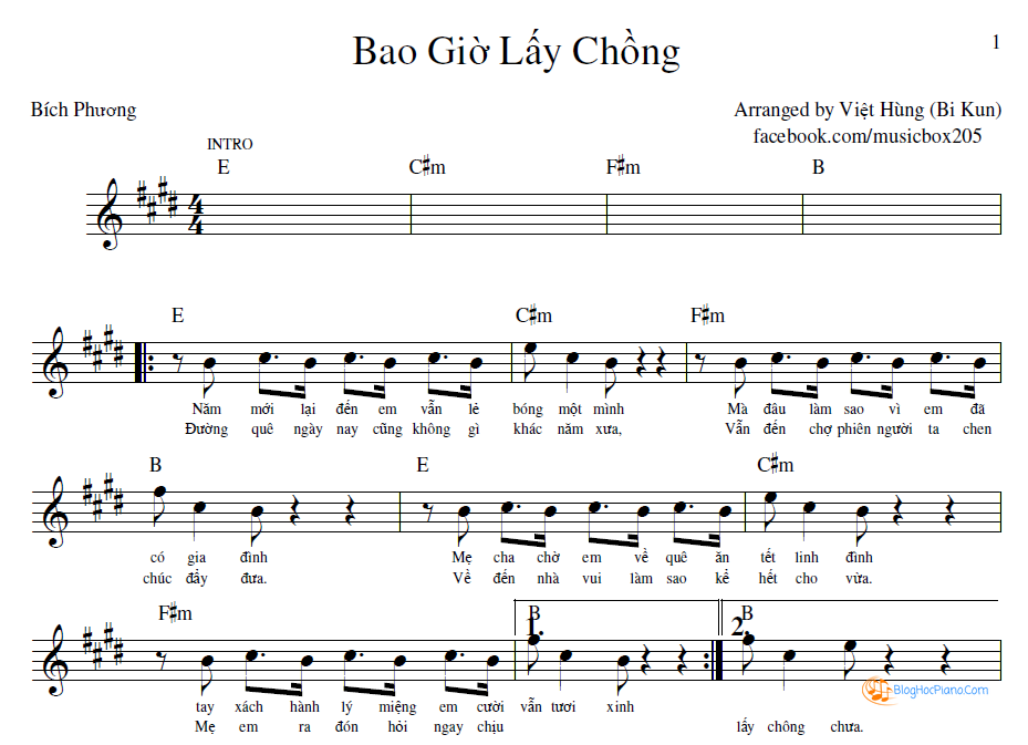 Sheet nhạc Bao giờ lấy chồng – Bích Phương Idol (Sheet)