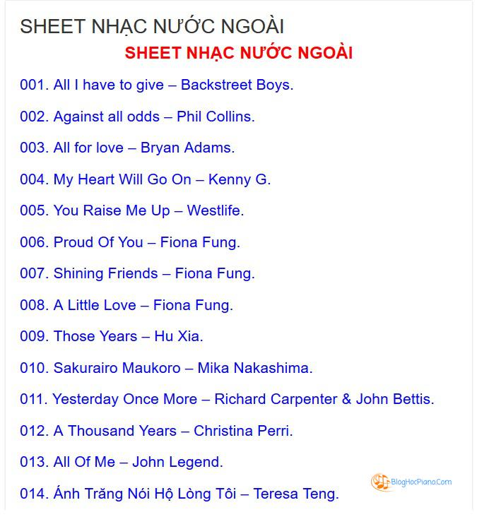 TOP 100 Sheet piano các bản nhạc piano hay nhất