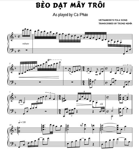 SHEET PIANO BÈO DẠT MÂY TRÔI (Cà Pháo Cover)