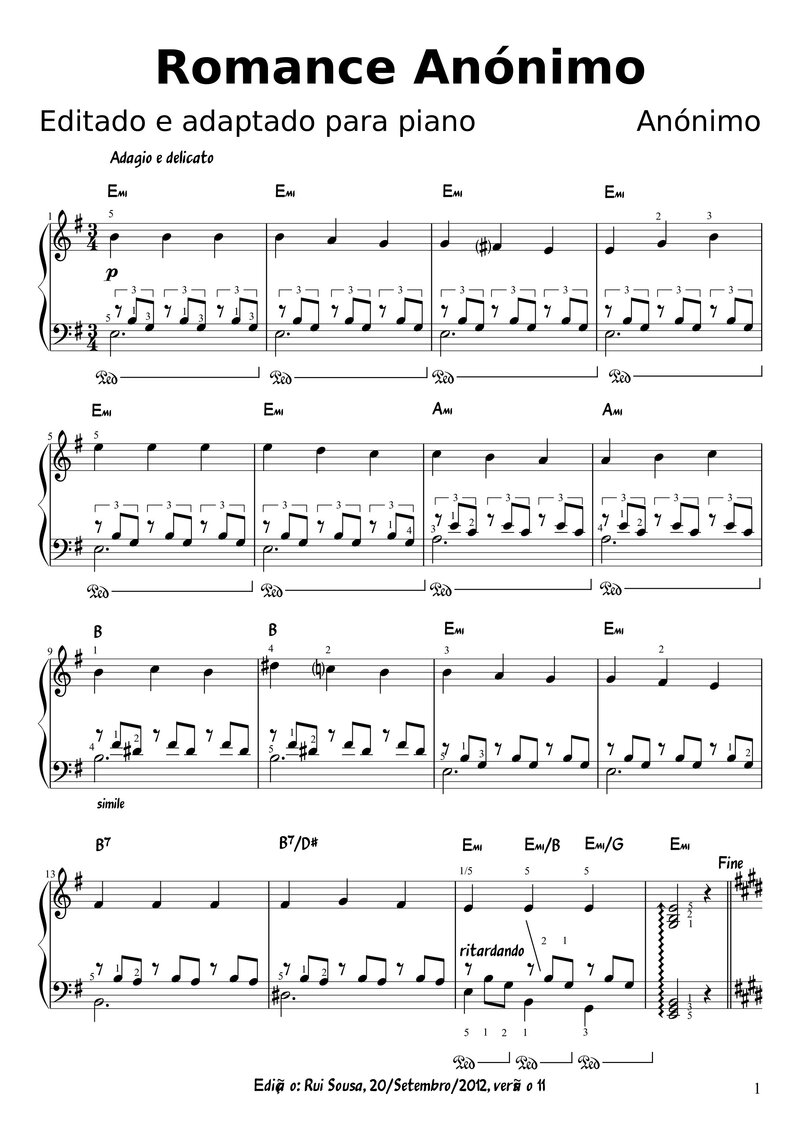 Sheet music romance piano