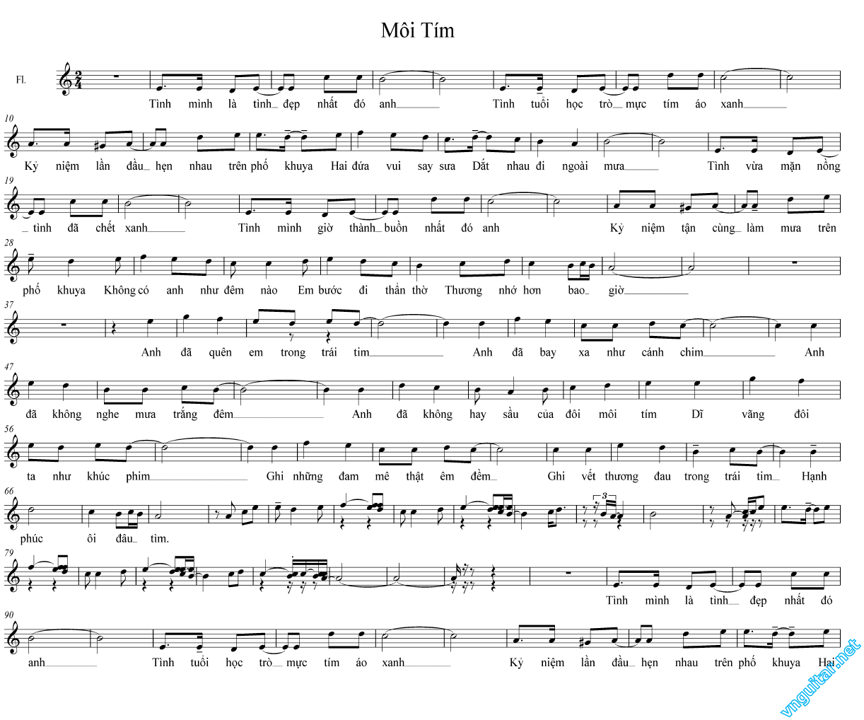 Sheet nhạc bài Môi tím