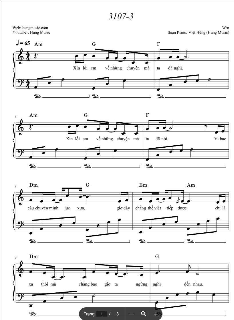 SHEET NHẠC PIANO 3107 3 || Piano virtual online